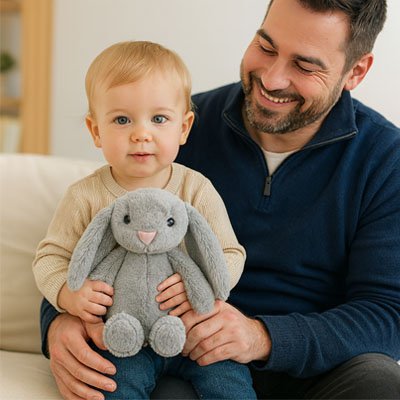 Lapin doudou gris avec bébé et papa souriant