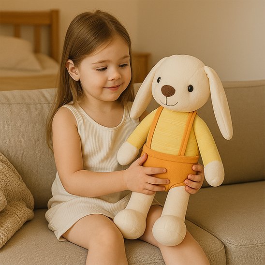 Lapin doudou jaune pris par bébé content