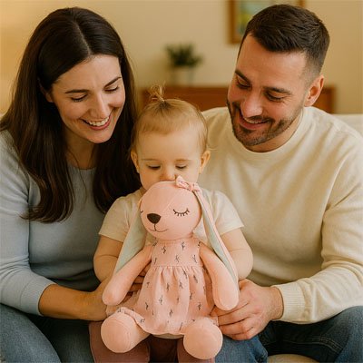 Lapin doudou rose  avec bébé entouré de ses parents