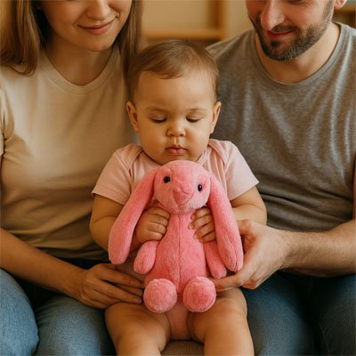 Lapin doudou rose  avec bébé et ses parents