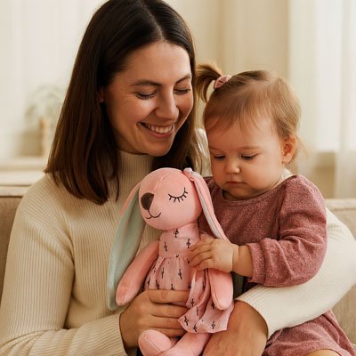 Lapin doudou rose avec maman contente de sa fille