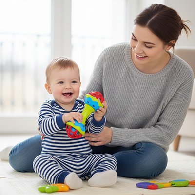 maman aime son bébé fier de son hochet 