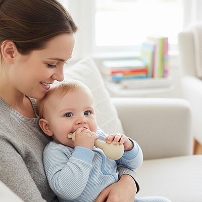 Maman regarde bébé jouer avec anneau de dentition bébé beige