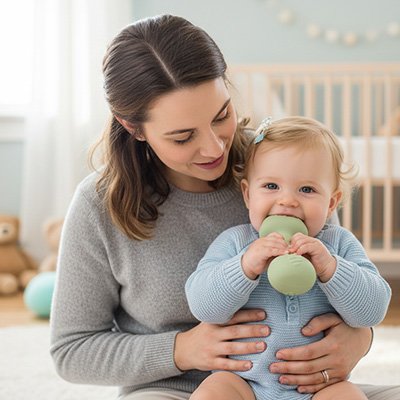 maman tient son trésor qui mache Anneau de dentition bébé vert