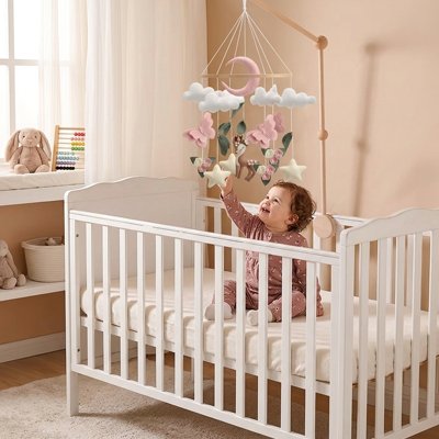 Mobile bébé assis sur le lit