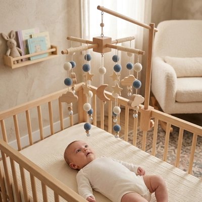 Mobile bébé avec boules beiges et bleues