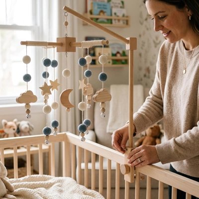 Mobile bébé avec boules feutrées dans des tons neutres beige et bleu