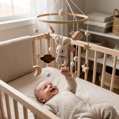 Mobile bébé avec lapin beige bien installé