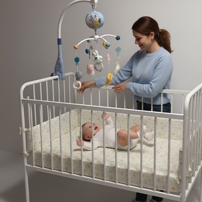 Mobile musical bébé amuse le bébé sous le regard de maman