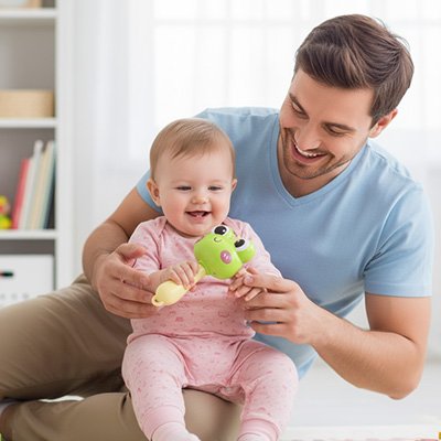 Papa content de bébé qui s'amuse avec le Hochet