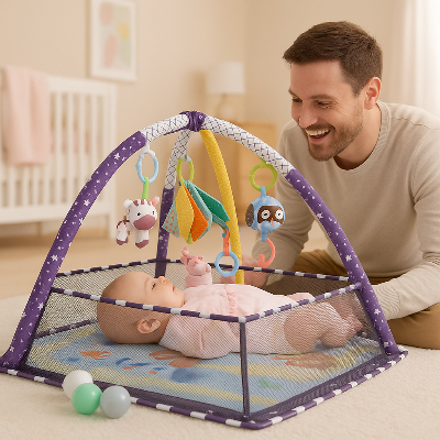 papa souriant avec bébé sur tapis d'éveil