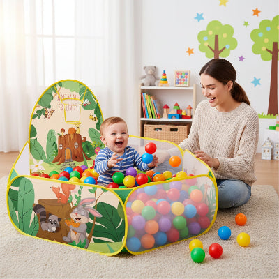 piscine a balle lapin bébé avec maman contente