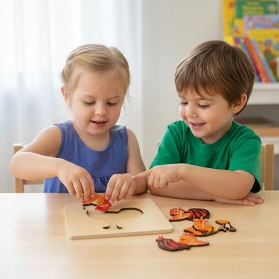 Puzzle bois coq enfants jouent ensemble