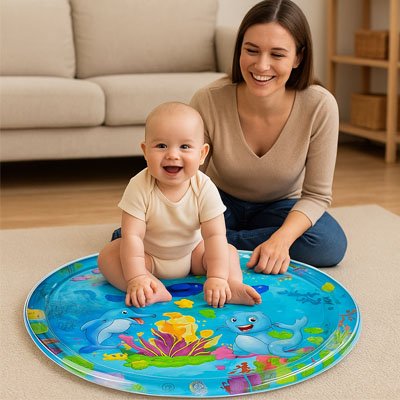 Tapis d'eau bebe bleu maman souriante