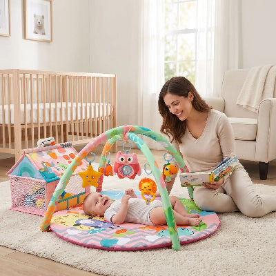tapis éveil bébé rose avec maman