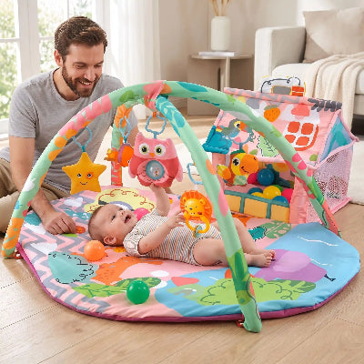 tapis éveil bébé rose avec papa