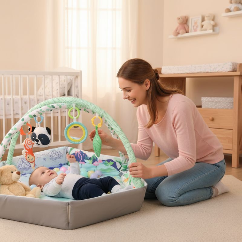 tapis d'éveil avec bebe et maman en bonne humeur